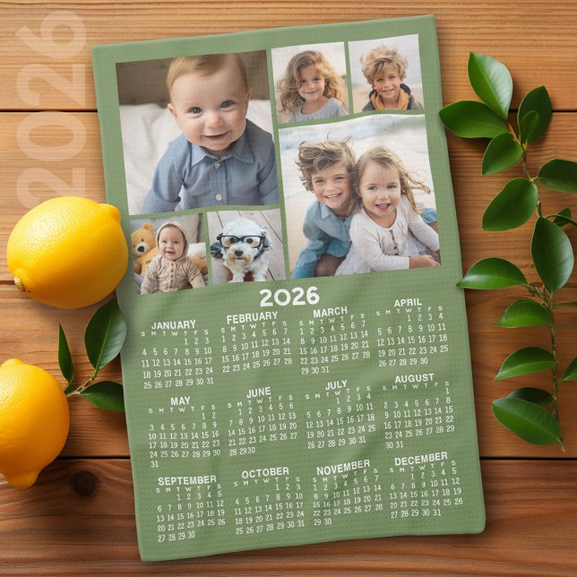 Calendar with 6 Photo Collage - Sage Green Tea Towel (2026 Calendar)