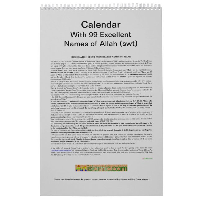 Calendar With 99 Names of Allah (swt) -God- (Cover)