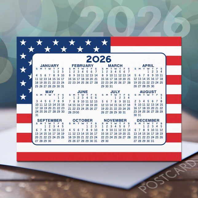Calendar with American Flag - Red White Blue Postcard (2026 Calendar Postcard)