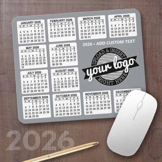 Calendar with logo and Text - Grey and White Mouse Pad (2026 Calendar Mousepad)