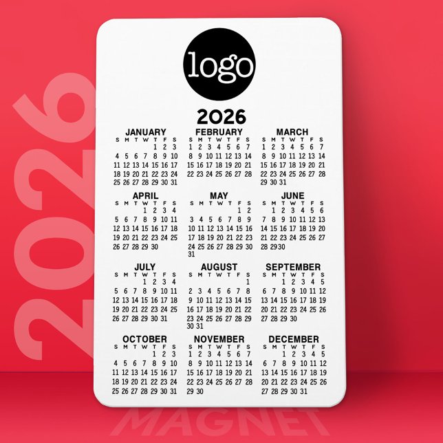 Calendar with Logo Basic Black White Minimal Magnet (2026 Calendar Magnet)