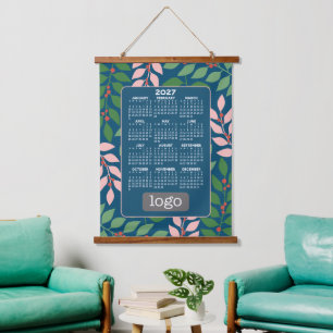 Calendar with Logo - Botanical Blue Peach Hanging Tapestry