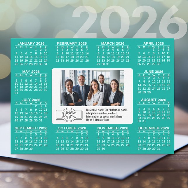 Calendar with logo Contact Information Holiday Card (2026 Calendar card for Office Holiday)