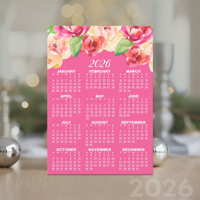 Calendar with Painted Watercolor Flowers Invitation (2026 Calendar Card)