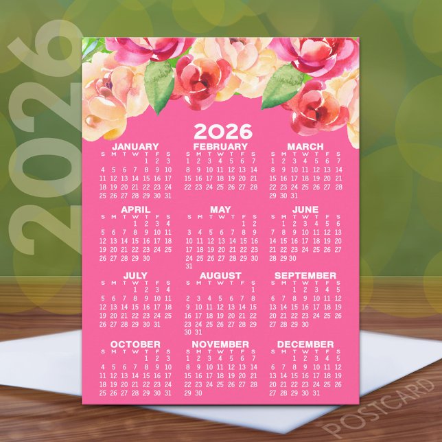 Calendar with Painted Watercolor Flowers pink Postcard (2026 Calendar Postcard)