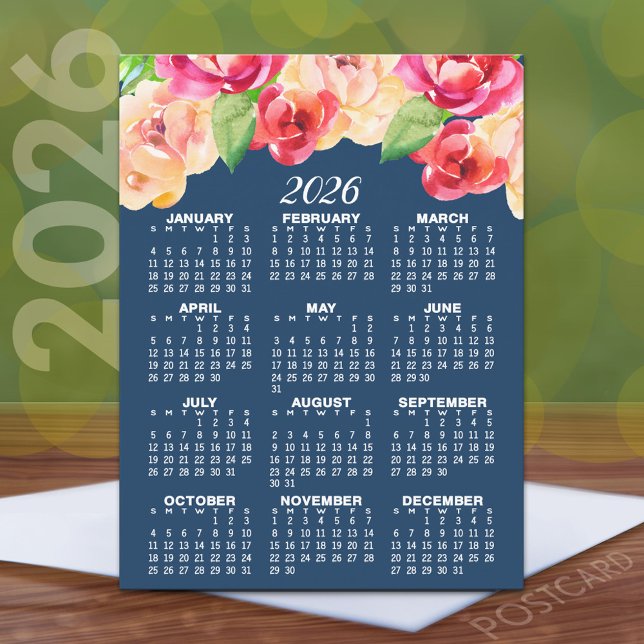 Calendar with Painted Watercolor Flowers Postcard (2026 Calendar Postcard)