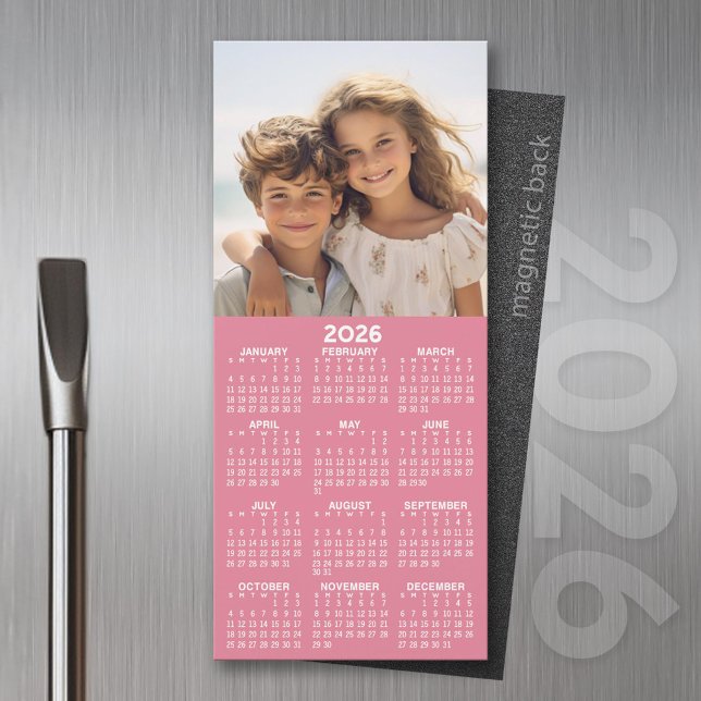 Calendar with Photo Collage - Pink Magnet (2026 Calendar Magnet for the Fridge or Home Office - Add a Photo for a Personal Touch)