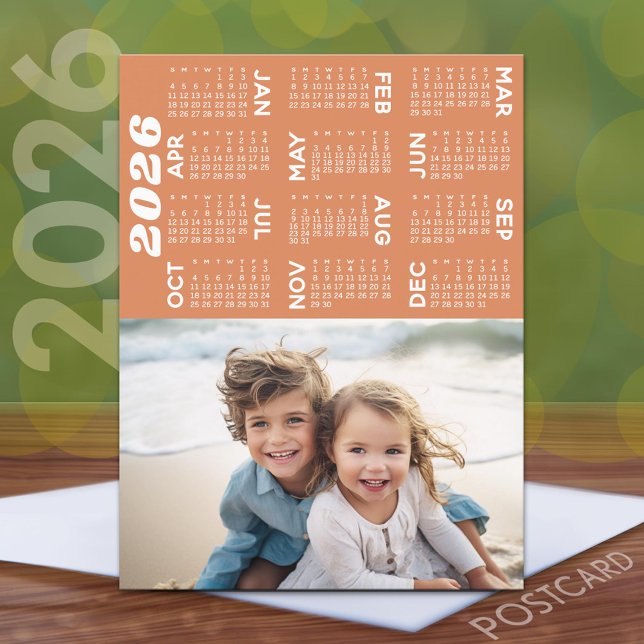 Calendar with Photo Full Year View Modern Minimal Postcard (2026 Calendar on a Postcard)