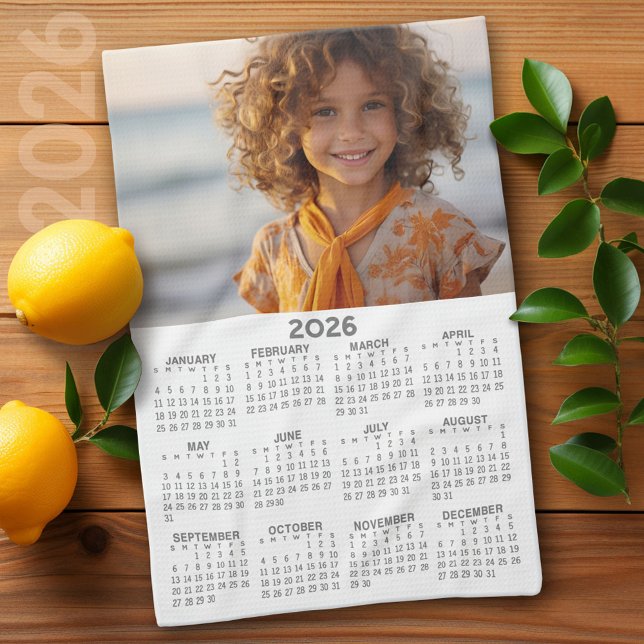 Calendar with Photo Full Year View Modern Minimal Tea Towel (2026 Calendar)