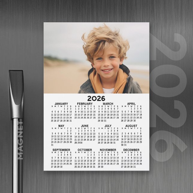 Calendar with Photo - Year View Magnetic Card (2026 Calendar with A Photo and Magnetic Back)