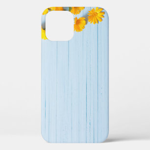 Calendula Flowers: Blue Wooden Background iPhone 12 Case