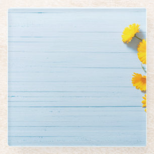 Calendula Flowers: Blue Wooden Background Glass Coaster