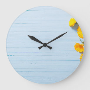 Calendula Flowers: Blue Wooden Background Large Clock