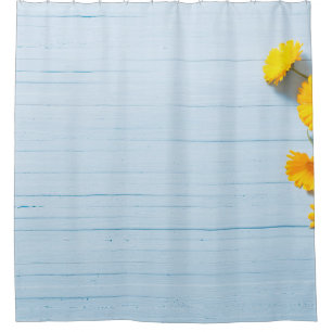 Calendula Flowers: Blue Wooden Background Shower Curtain