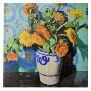 Calendulas, floral painting by Grant Wood Ceramic Tile