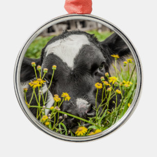 Calf Behind Flowers Metal Ornament