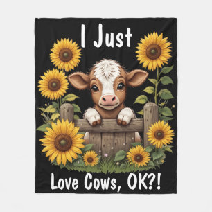 Calf Peeking Over Fence Surrounded by Sunflowers Fleece Blanket