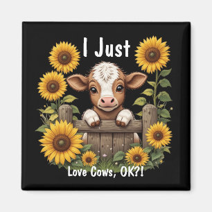 Calf Peeking Over Fence Surrounded by Sunflowers Magnet