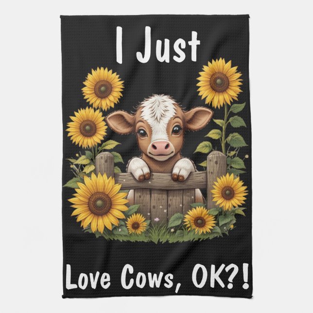 Calf Peeking Over Fence Surrounded by Sunflowers Tea Towel (Vertical)