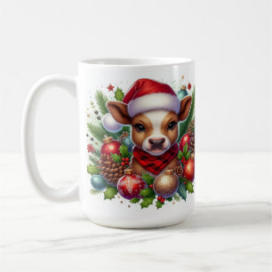 Calf Santa Hat Christmas Farm Animal Art Coffee Mug