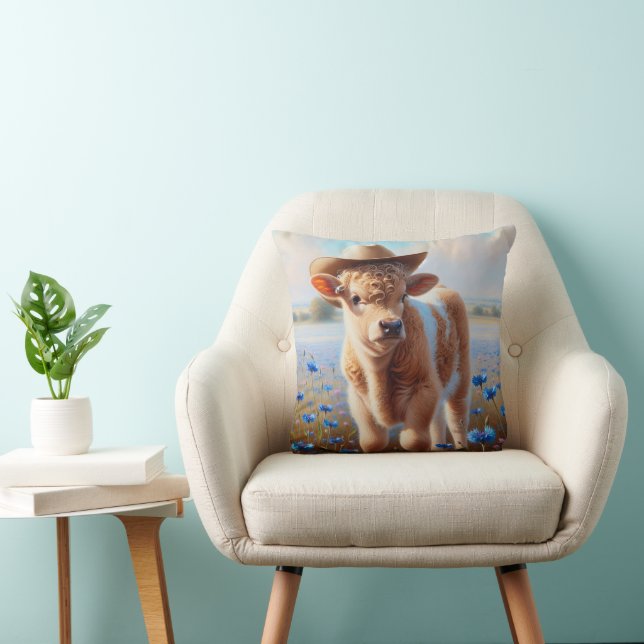 Calf With Cowboy Hat In Pasture  Cushion (Chair)