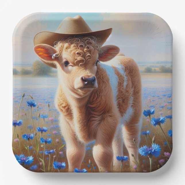 Calf With Cowboy Hat In Pasture  Paper Plate (Front)