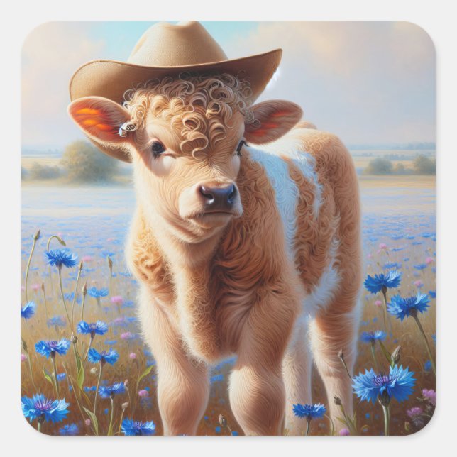 Calf With Cowboy Hat In Pasture  Square Sticker (Front)