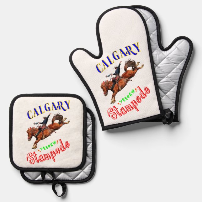 Calgary Yeehaw Stampede Oven Mitt & Pot Holder Set (Front/Back)