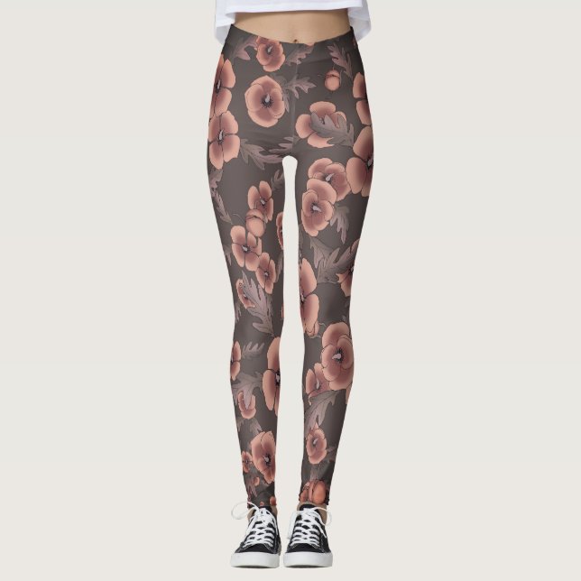 Cali Poppies Oversize Print in Grey & Salmon Leggings (Front)