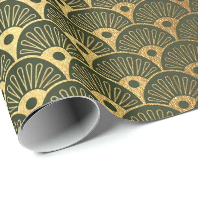 Cali Woodland Green Metallic Seashells Art Deco Wrapping Paper (Roll Corner)