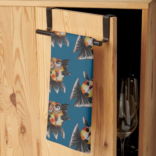 Calico butterfly telescope (teal) tea towel (Thirds Fold)