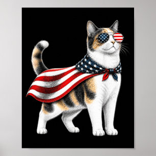 Calico Cat 4th Of July Us Aamerican Flag Patriotic Poster