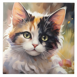 Calico Cat and Butterflies in Spring Garden Ceramic Tile