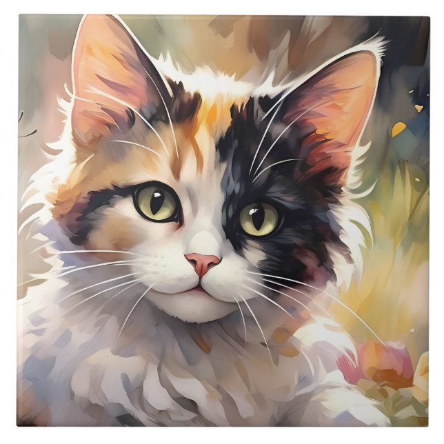 Calico Cat and Butterflies in Spring Garden Ceramic Tile (Front)