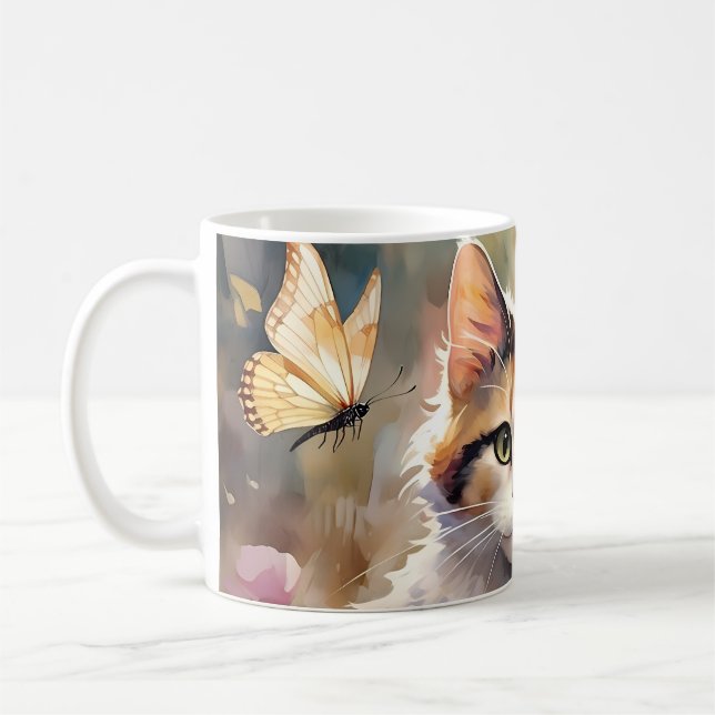 Calico Cat and Butterflies in Spring Garden Coffee Mug (Left)