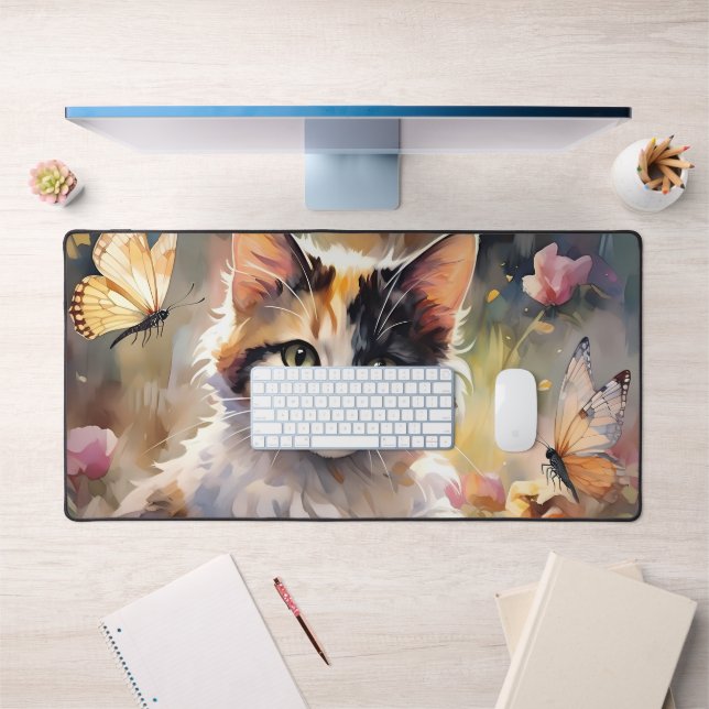 Calico Cat and Butterflies in Spring Garden Desk Mat (Office 1)