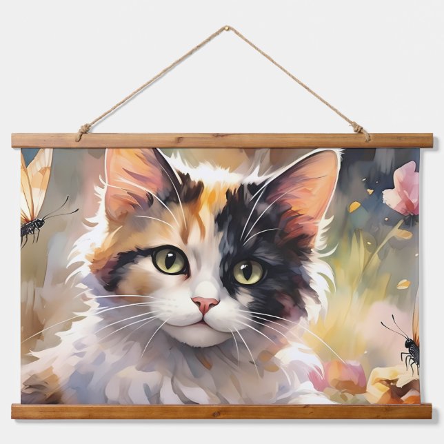 Calico Cat and Butterflies in Spring Garden Hanging Tapestry (Front)