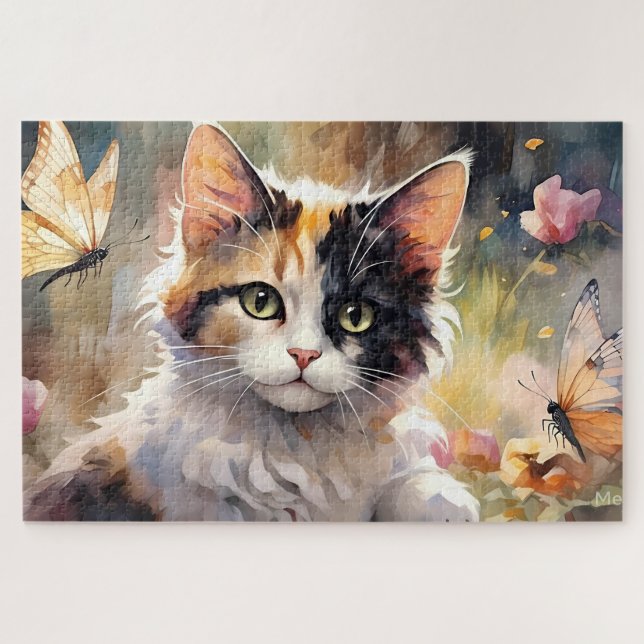 Calico Cat and Butterflies in Spring Garden Jigsaw Puzzle (Horizontal)