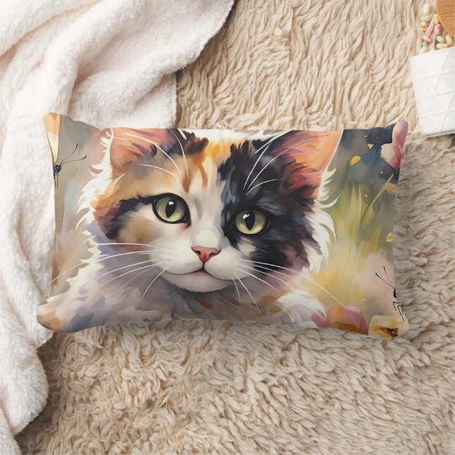 Calico Cat and Butterflies in Spring Garden Lumbar Cushion (Blanket)