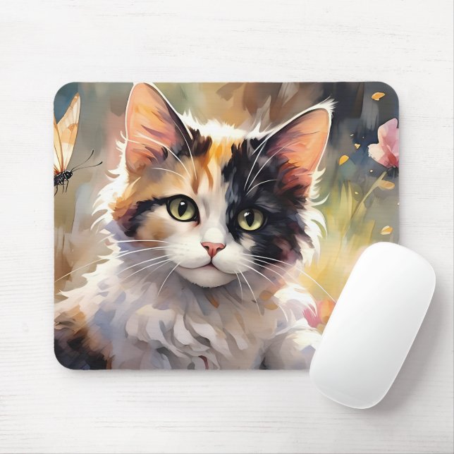 Calico Cat and Butterflies in Spring Garden Mouse Pad (With Mouse)