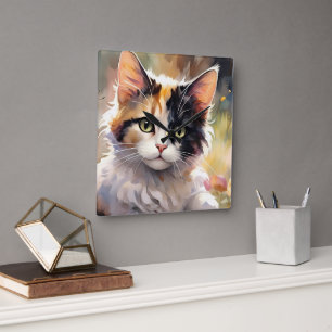 Calico Cat and Butterflies in Spring Garden Square Wall Clock