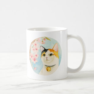 Calico Cat and Cherry Blossom Flower Watercolor Coffee Mug