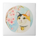 Calico Cat and Flowers Japanese Ceramic Tile<br><div class="desc">This is a watercolor illustration of a calico cat looking up at and enjoying the cherry blossom. “Hanami” is a Japanese tradition where people celebrate and party under the cherry blossom trees when they are in full bloom. Painted with Holbein and Winsor and Newton watercolor paints on Arches hot pressed...</div>