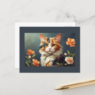 Calico cat and flowers postcard