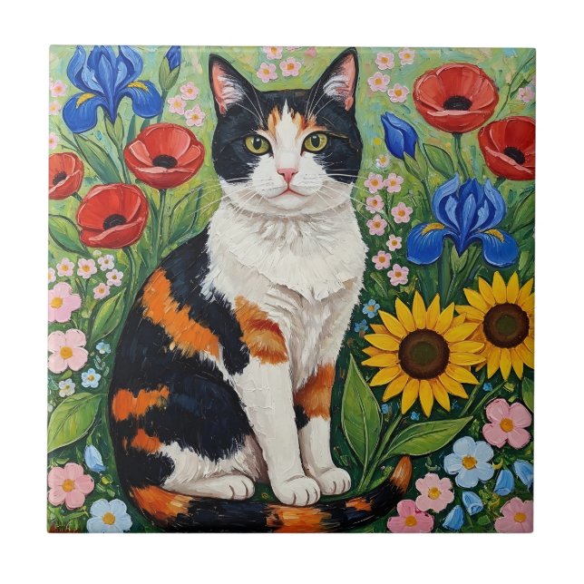 Calico Cat and Folk Art Sunflowers Ceramic Tile (Front)