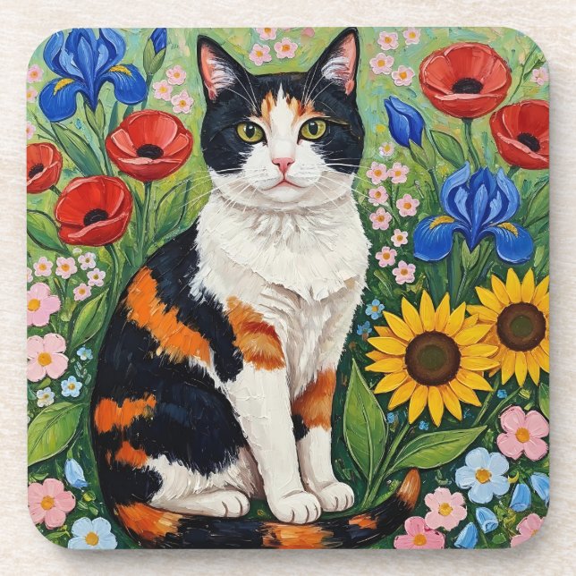 Calico Cat and Folk Art Sunflowers Coaster (Front)