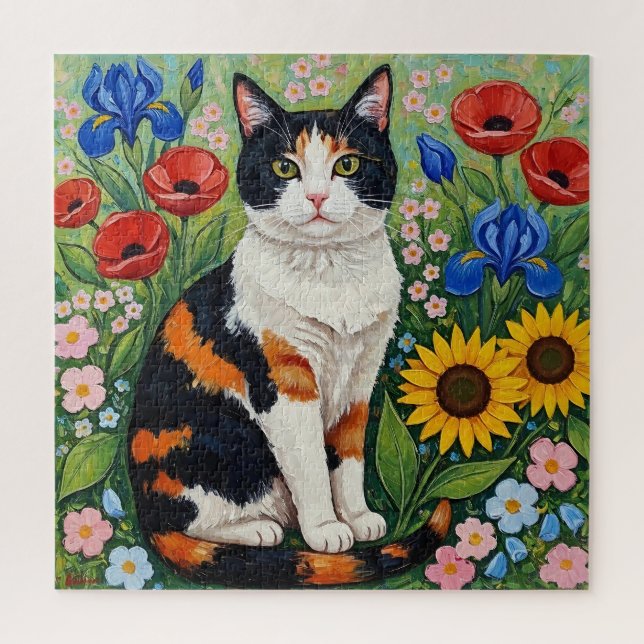 Calico Cat and Folk Art Sunflowers Jigsaw Puzzle (Vertical)