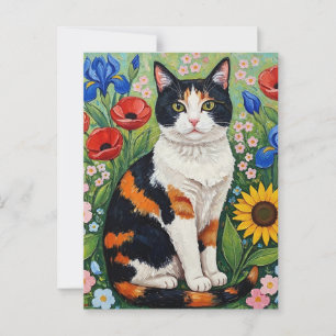Calico Cat and Folk Art Sunflowers Postcard