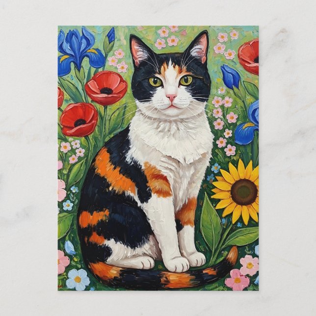Calico Cat and Folk Art Sunflowers Postcard (Front)