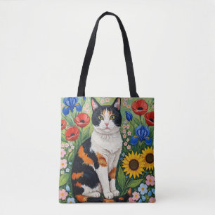 Calico Cat and Folk Art Sunflowers Tote Bag
